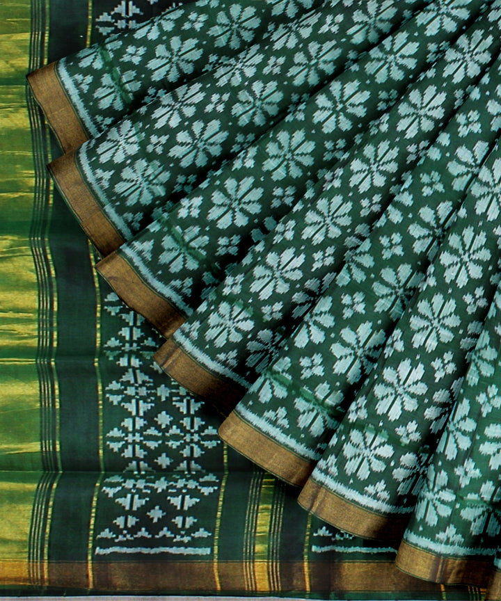 Dark green offwhite silk handwoven patola saree