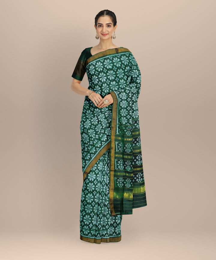 Dark green offwhite silk handwoven patola saree