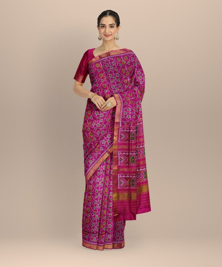 Pink brown silk handwoven patola saree