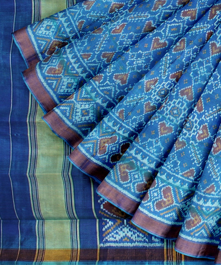 Sky blue beige silk handwoven patola saree