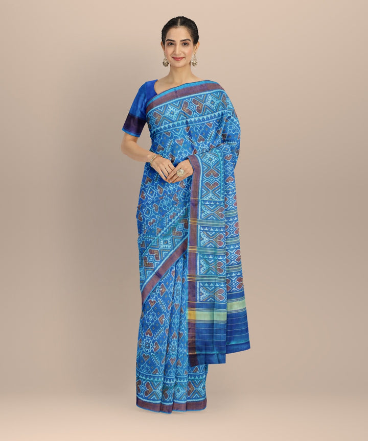 Sky blue beige silk handwoven patola saree