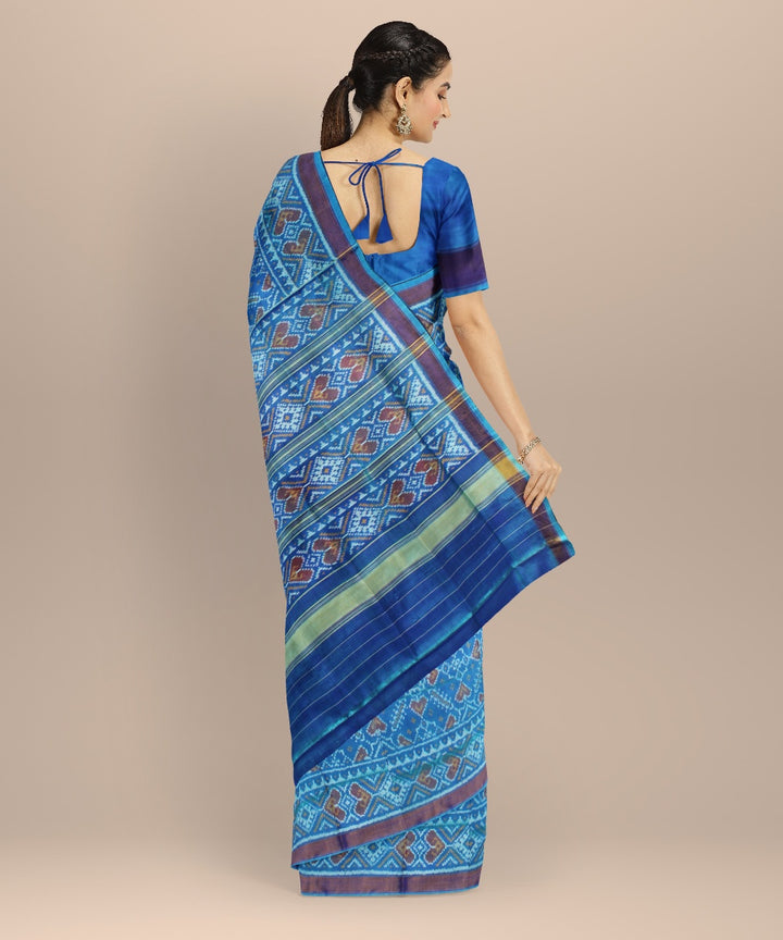 Sky blue beige silk handwoven patola saree