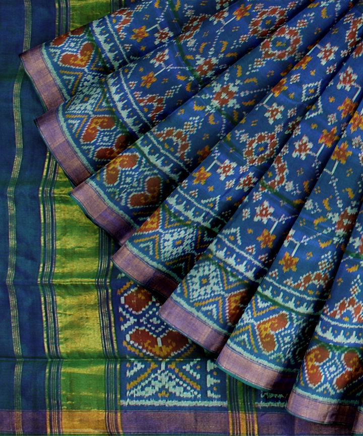 Cyan blue green silk handwoven patola saree