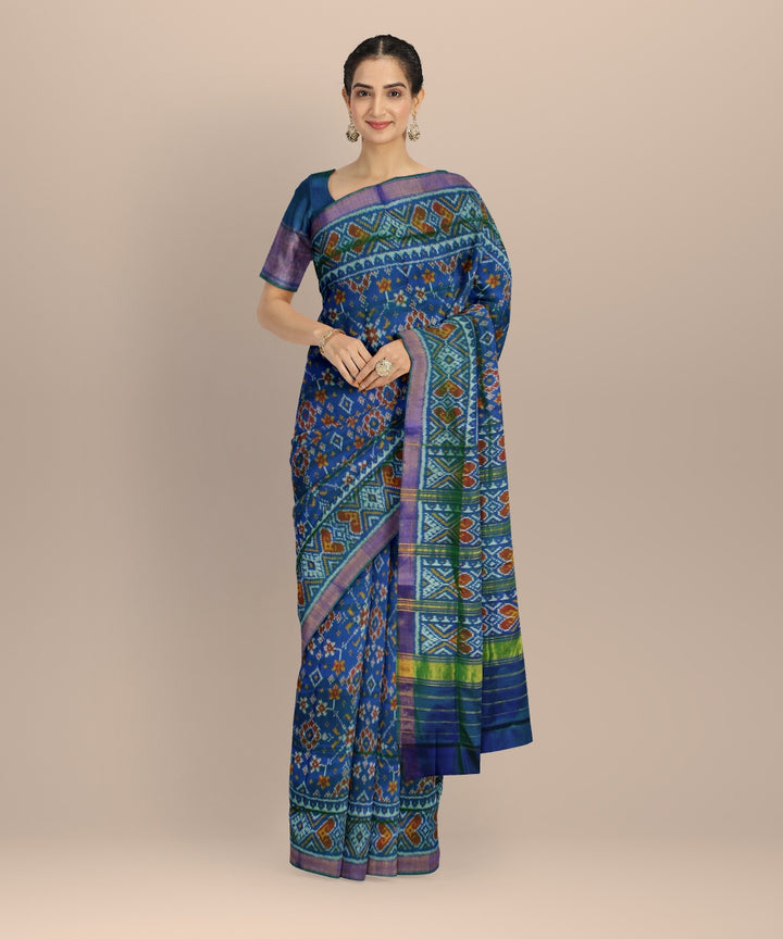 Cyan blue green silk handwoven patola saree