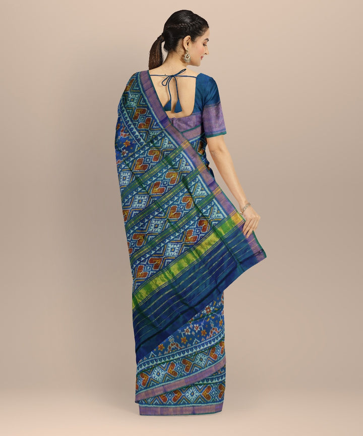 Cyan blue green silk handwoven patola saree