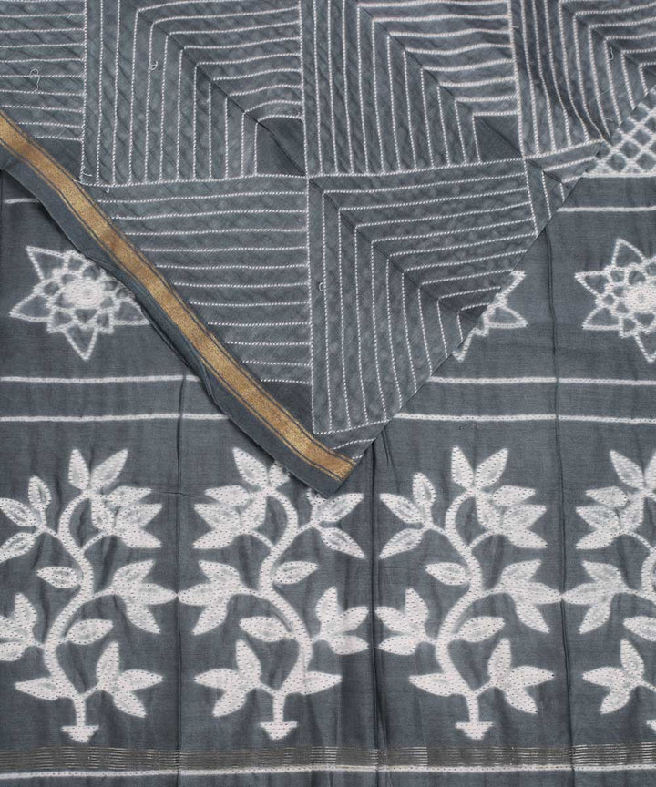 Grey shibori hand printed chanderi cotton silk saree