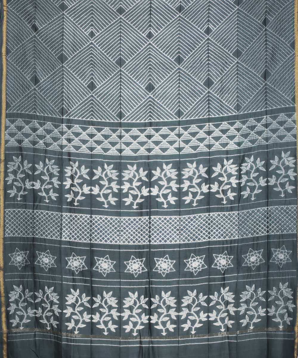 Grey shibori hand printed chanderi cotton silk saree