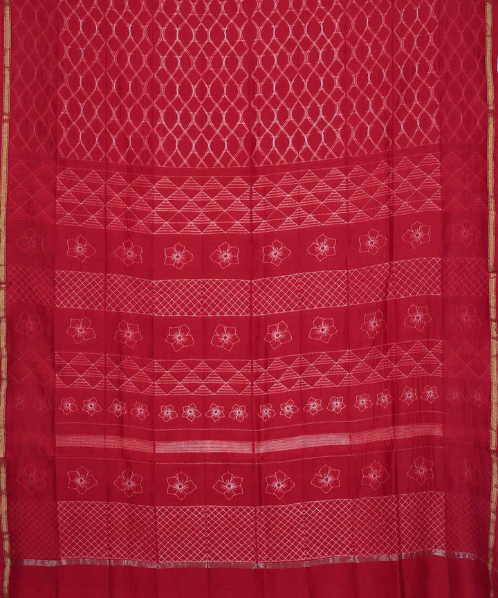 Maroon hand printed shibori chanderi cotton silk saree