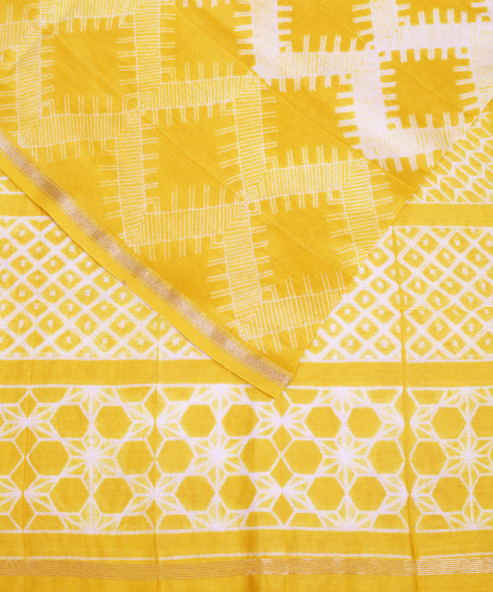 Yellow shibori hand printed chanderi cotton silk saree