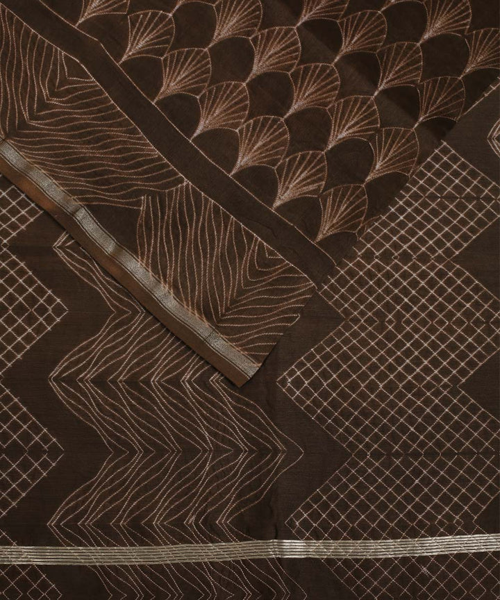 Brown shibori hand printed chanderi cotton silk saree