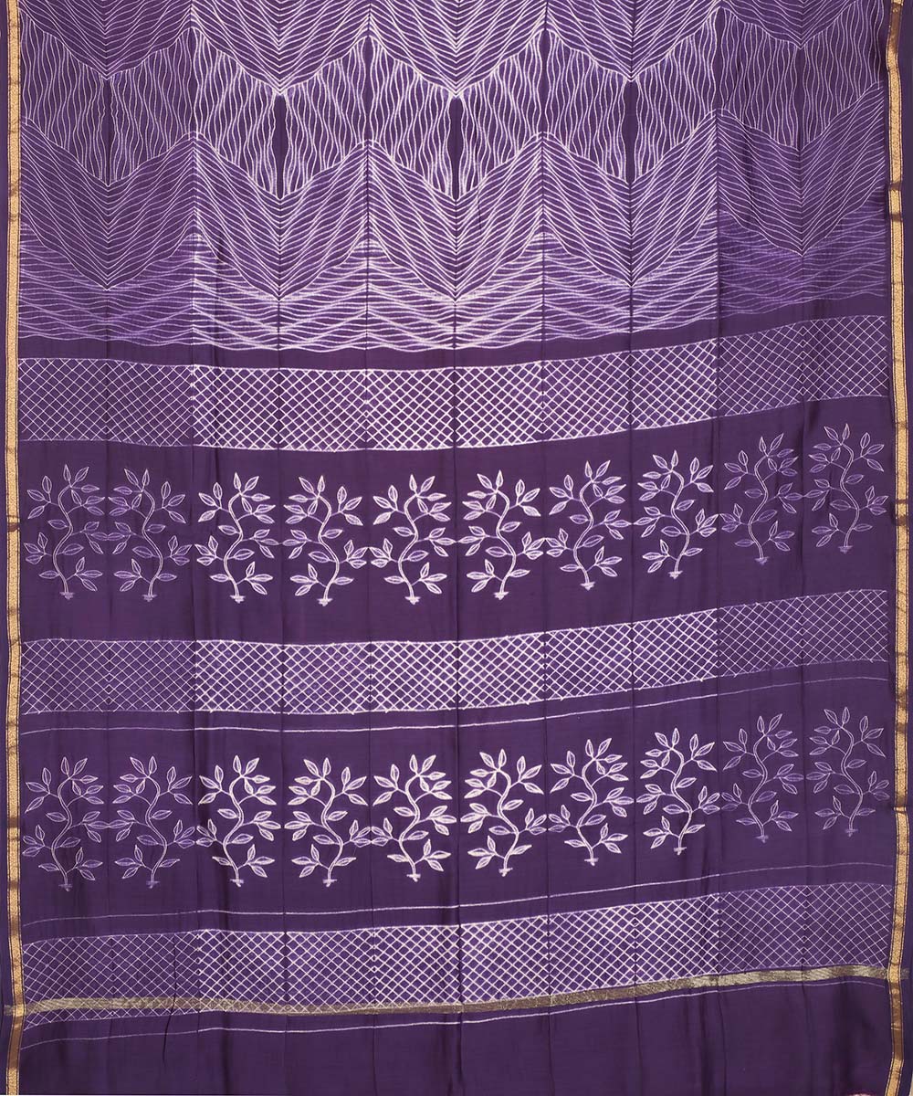 Violet hand printed shibori chanderi cotton silk saree