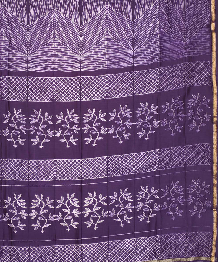 Violet hand printed shibori chanderi cotton silk saree