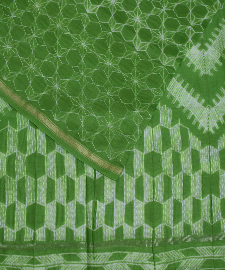 Light green shibori hand printed chanderi cotton silk saree