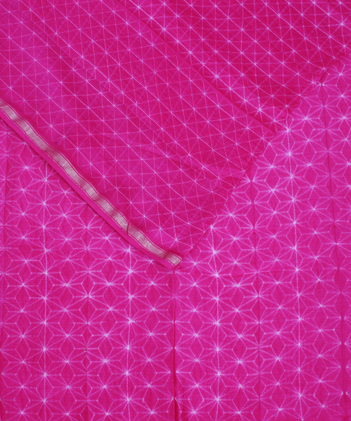 Pink shibori hand printed cotton silk chanderi saree