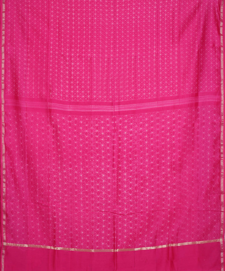 Pink shibori hand printed cotton silk chanderi saree