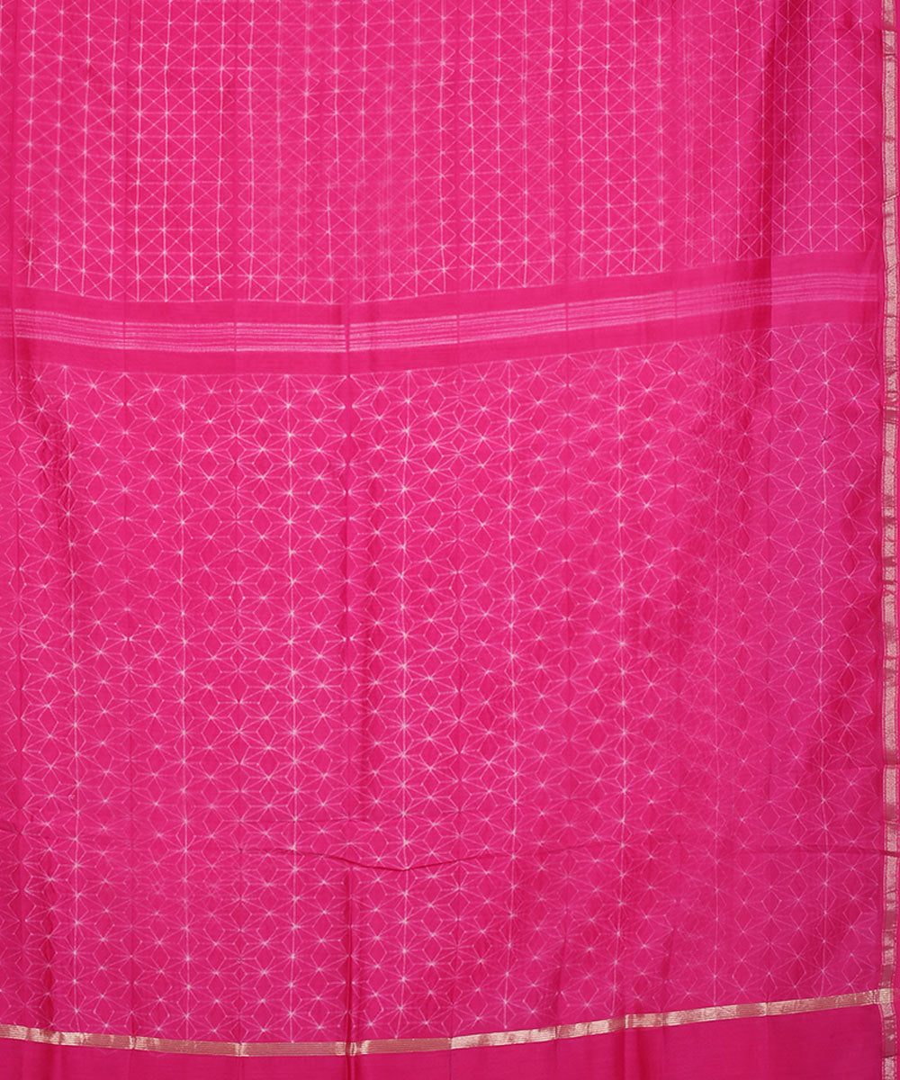 Pink shibori hand printed cotton silk chanderi saree