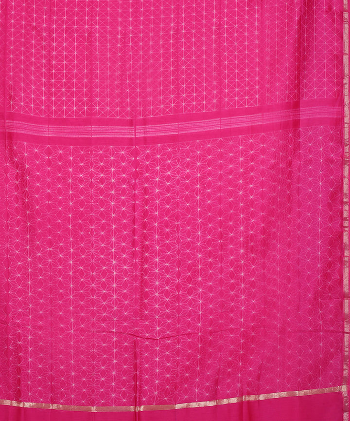 Pink shibori hand printed cotton silk chanderi saree