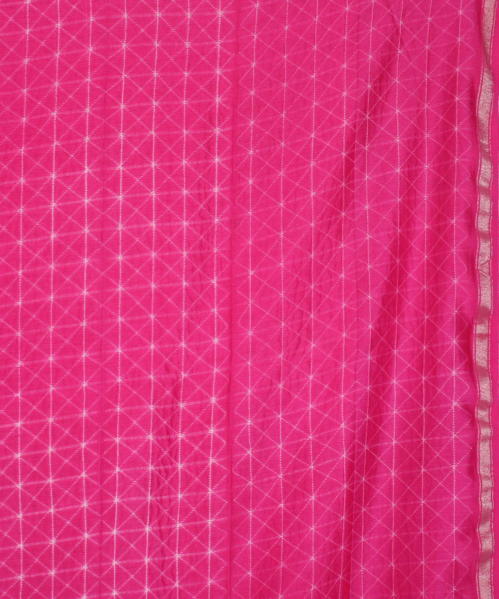 Pink shibori hand printed cotton silk chanderi saree