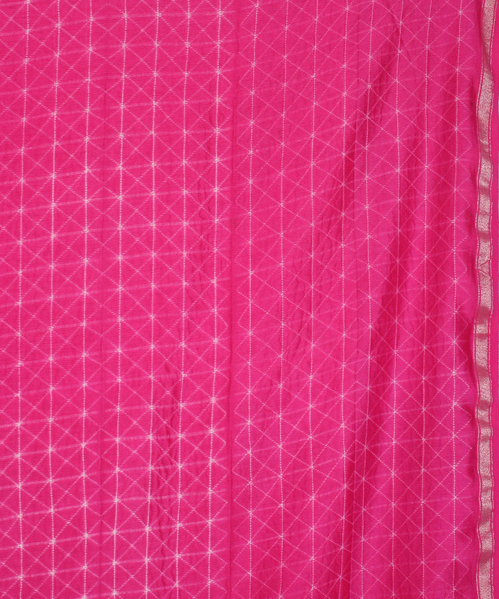 Pink shibori hand printed cotton silk chanderi saree