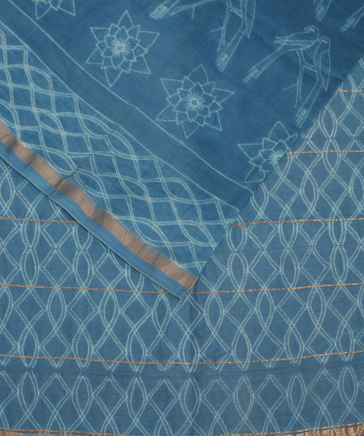 Sky blue shibori hand printed cotton silk chanderi saree