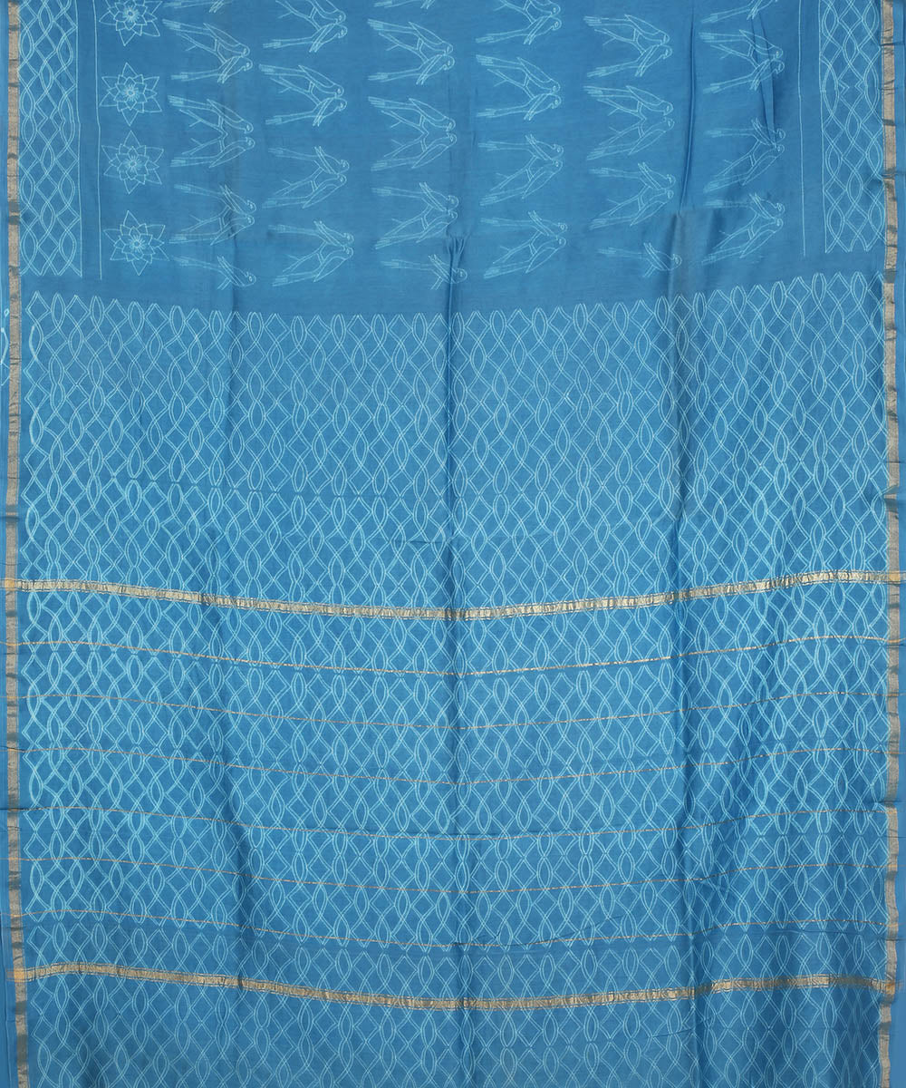 Sky blue shibori hand printed cotton silk chanderi saree