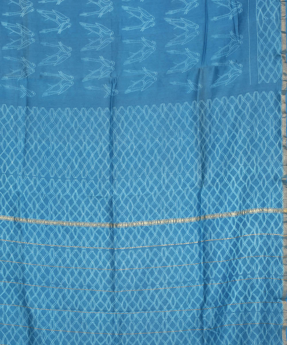 Sky blue shibori hand printed cotton silk chanderi saree