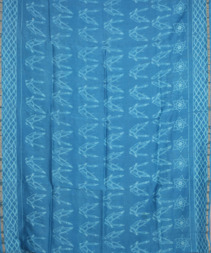 Sky blue shibori hand printed cotton silk chanderi saree