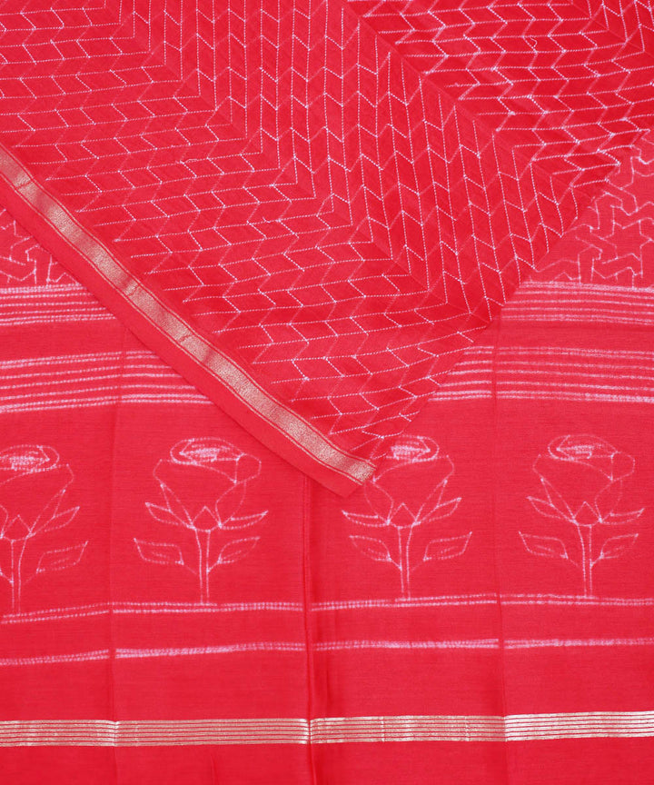 Red shibori hand printed chanderi cotton silk saree