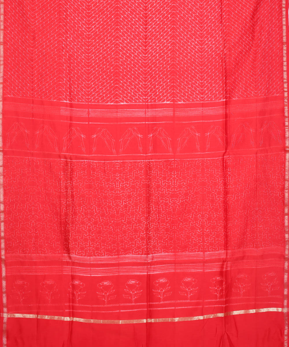 Red shibori hand printed chanderi cotton silk saree