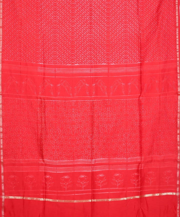 Red shibori hand printed chanderi cotton silk saree