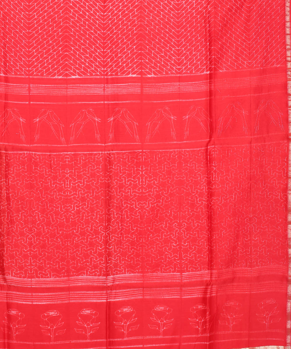 Red shibori hand printed chanderi cotton silk saree