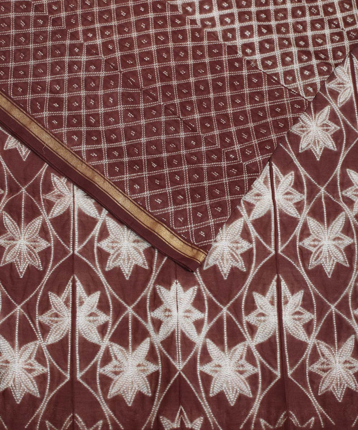 Brown shibori hand printed cotton silk chanderi saree