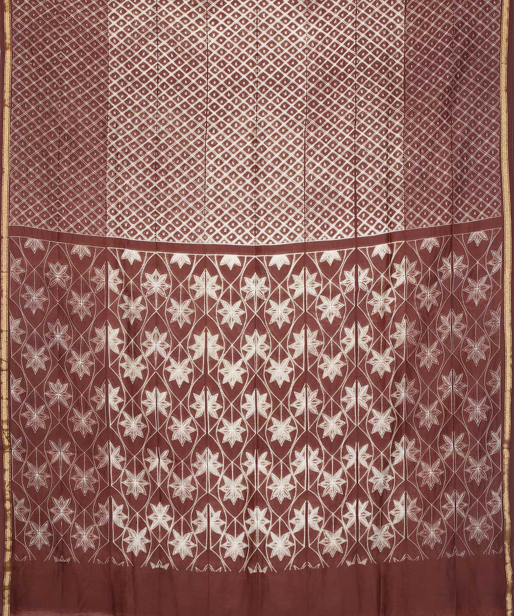 Brown shibori hand printed cotton silk chanderi saree