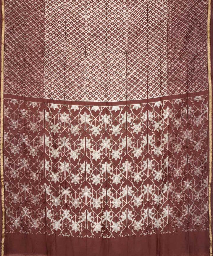 Brown shibori hand printed cotton silk chanderi saree