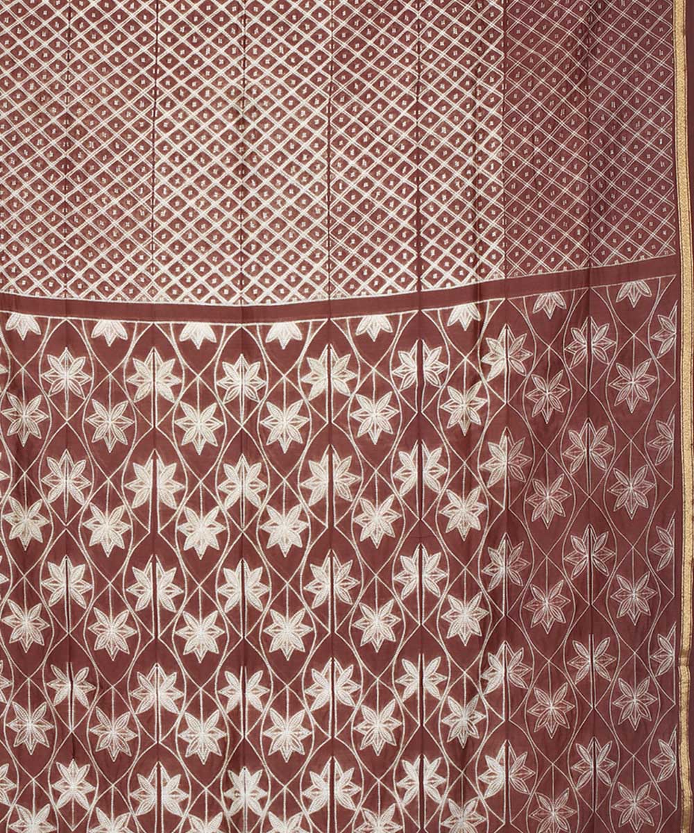 Brown shibori hand printed cotton silk chanderi saree