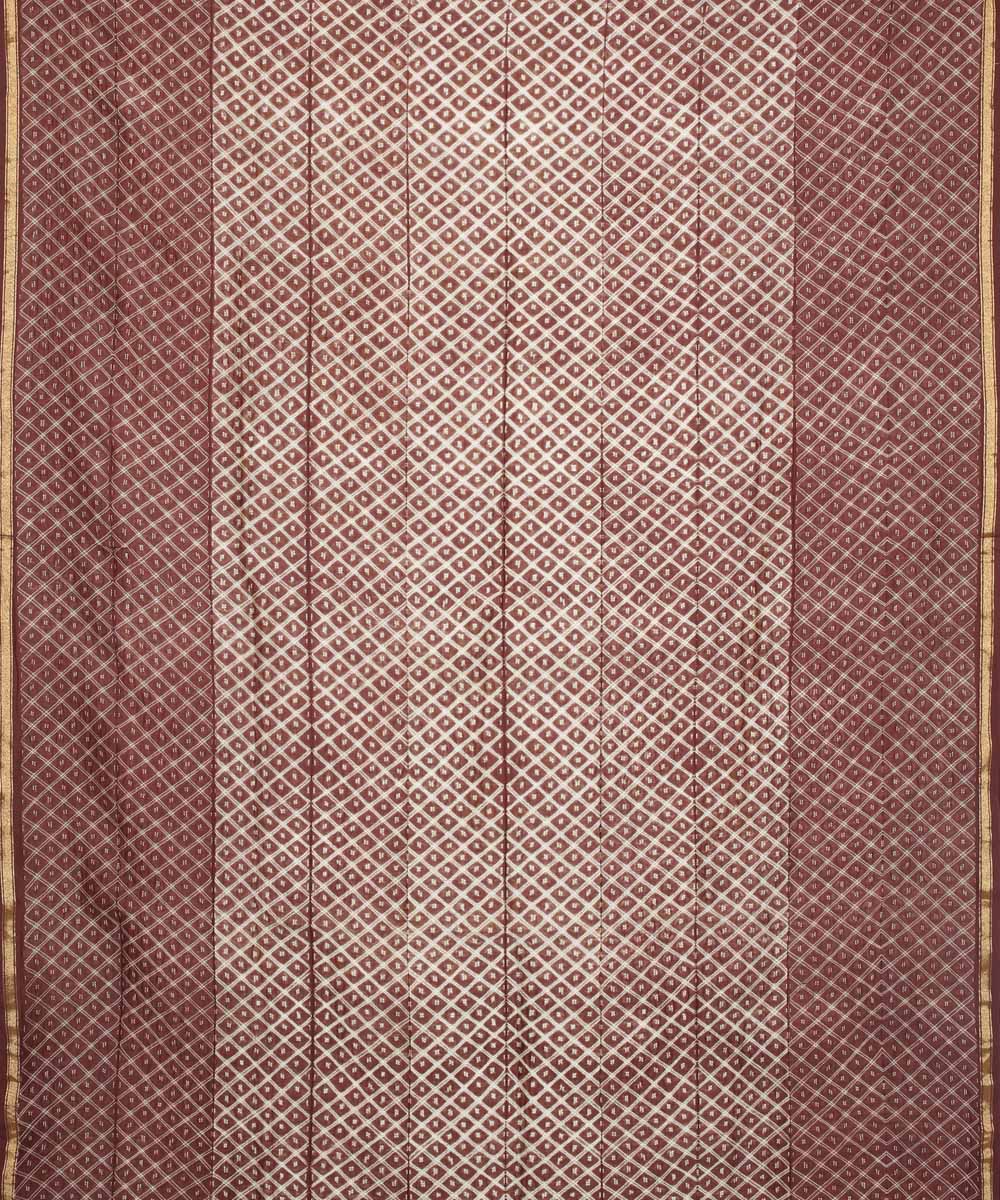 Brown shibori hand printed cotton silk chanderi saree