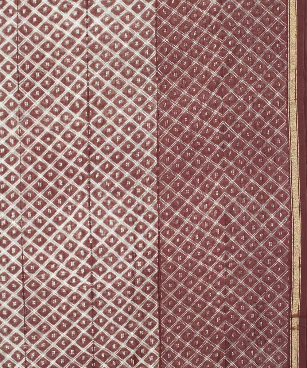 Brown shibori hand printed cotton silk chanderi saree