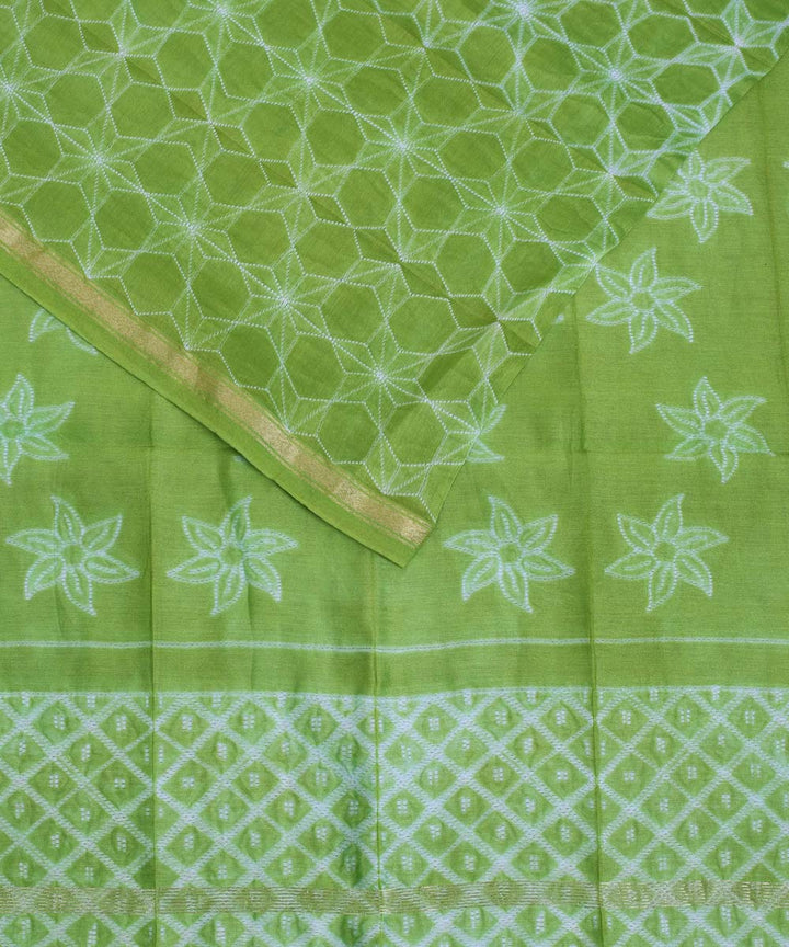 Olive green shibori hand printed chanderi cotton silk saree