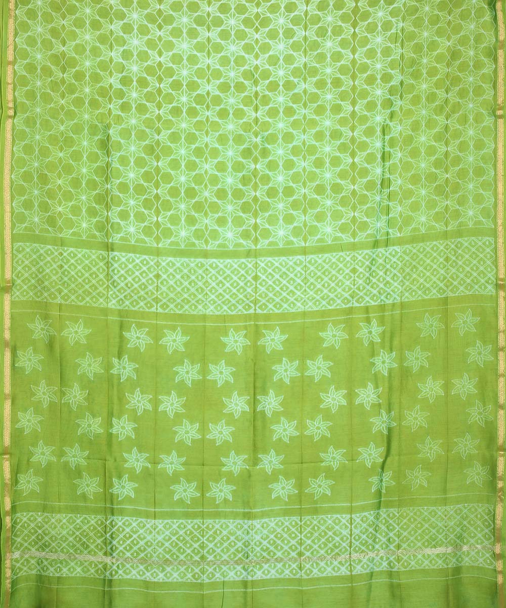 Olive green shibori hand printed chanderi cotton silk saree