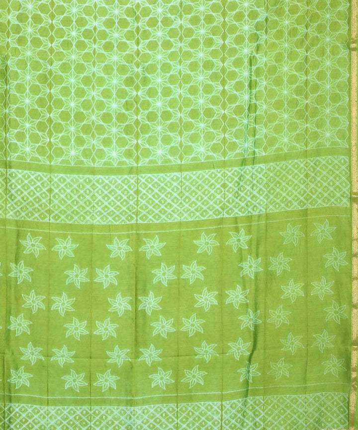 Olive green shibori hand printed chanderi cotton silk saree