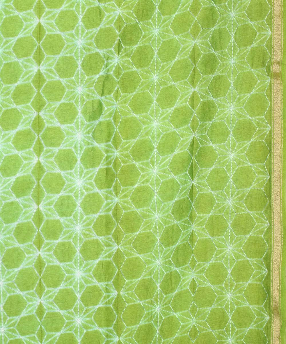 Olive green shibori hand printed chanderi cotton silk saree