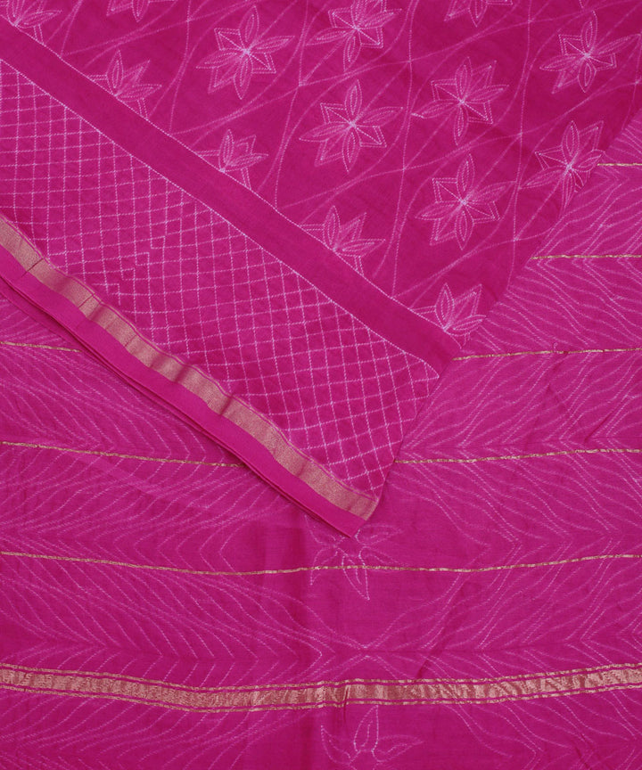 Magenta shibori hand printed chanderi cotton silk saree