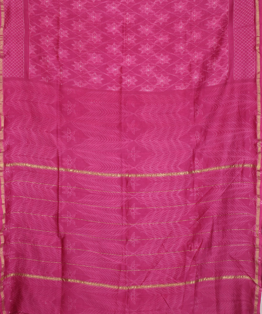 Magenta shibori hand printed chanderi cotton silk saree