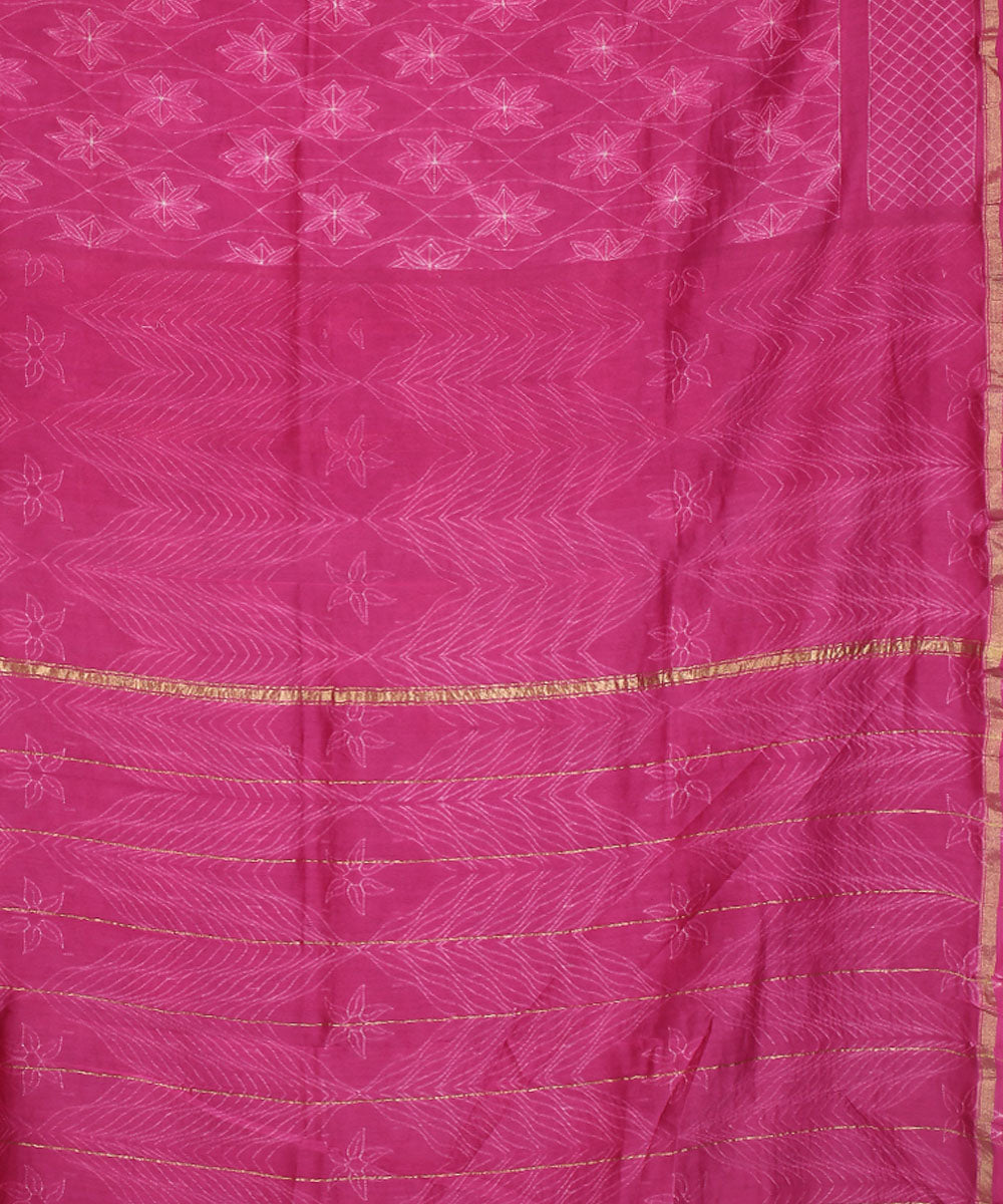 Magenta shibori hand printed chanderi cotton silk saree