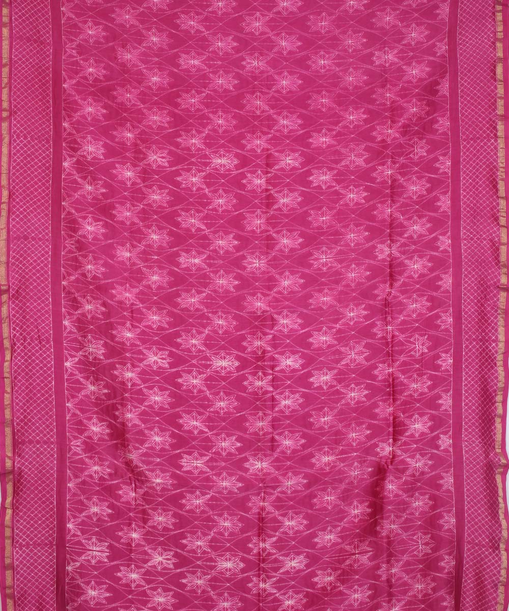 Magenta shibori hand printed chanderi cotton silk saree