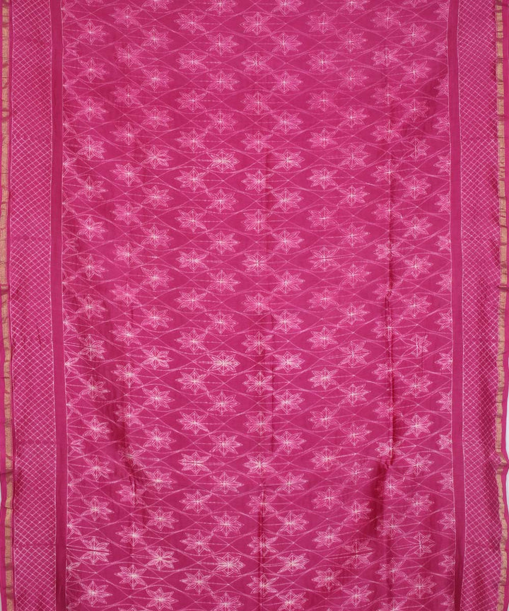 Magenta shibori hand printed chanderi cotton silk saree