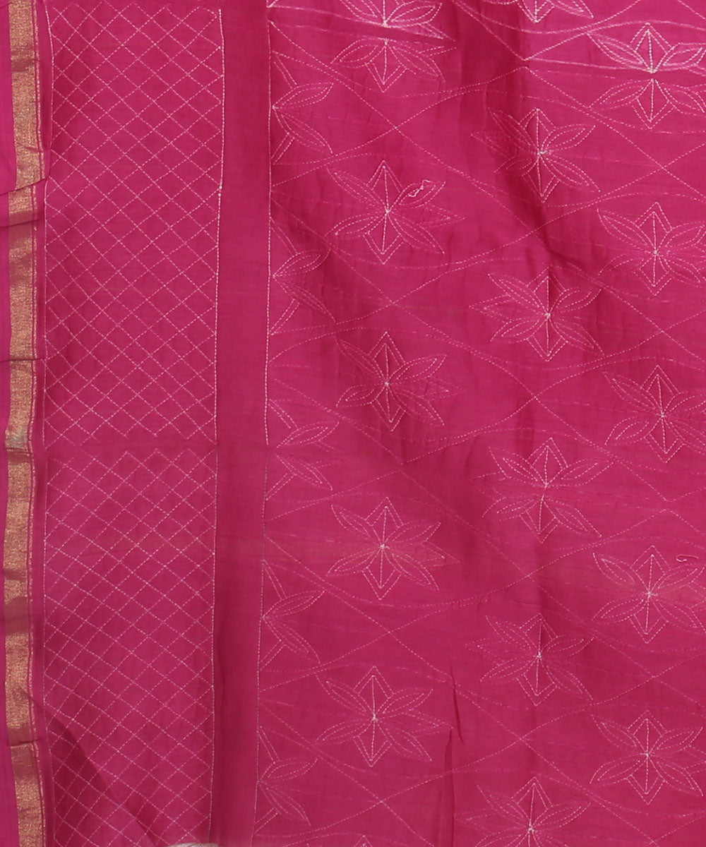 Magenta shibori hand printed chanderi cotton silk saree