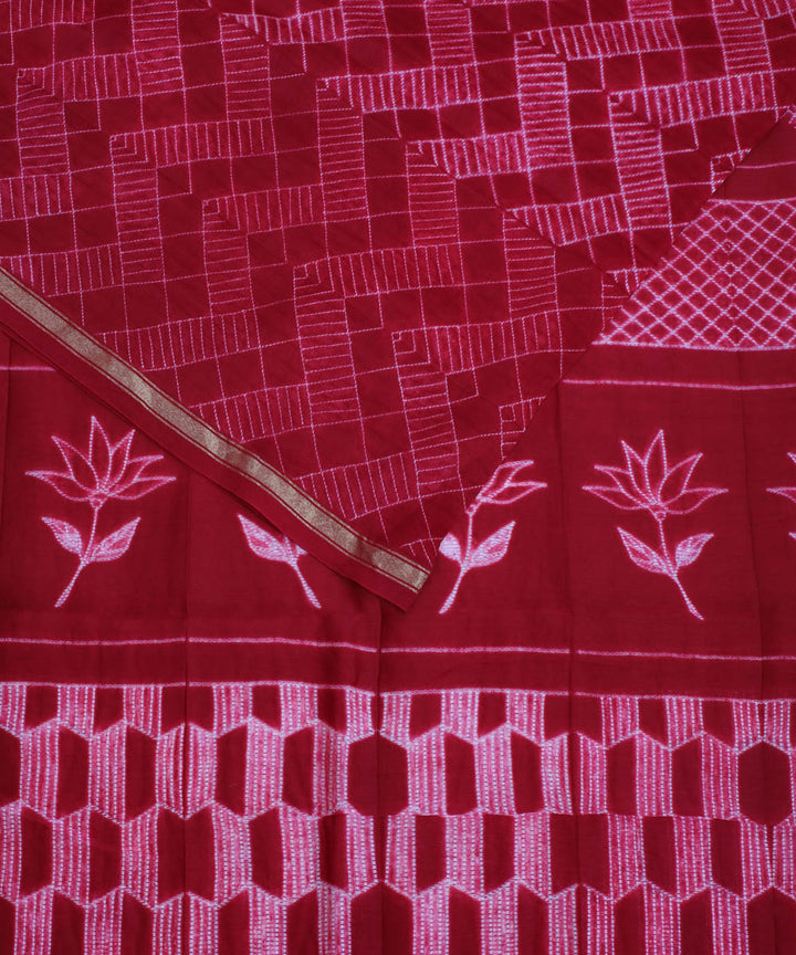 Magenta shibori hand printed cotton silk chanderi saree