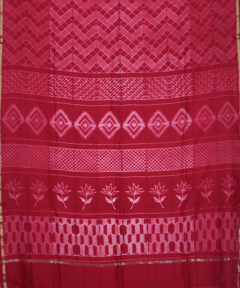 Magenta shibori hand printed cotton silk chanderi saree