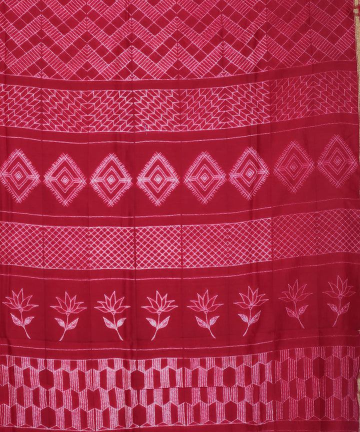 Magenta shibori hand printed cotton silk chanderi saree